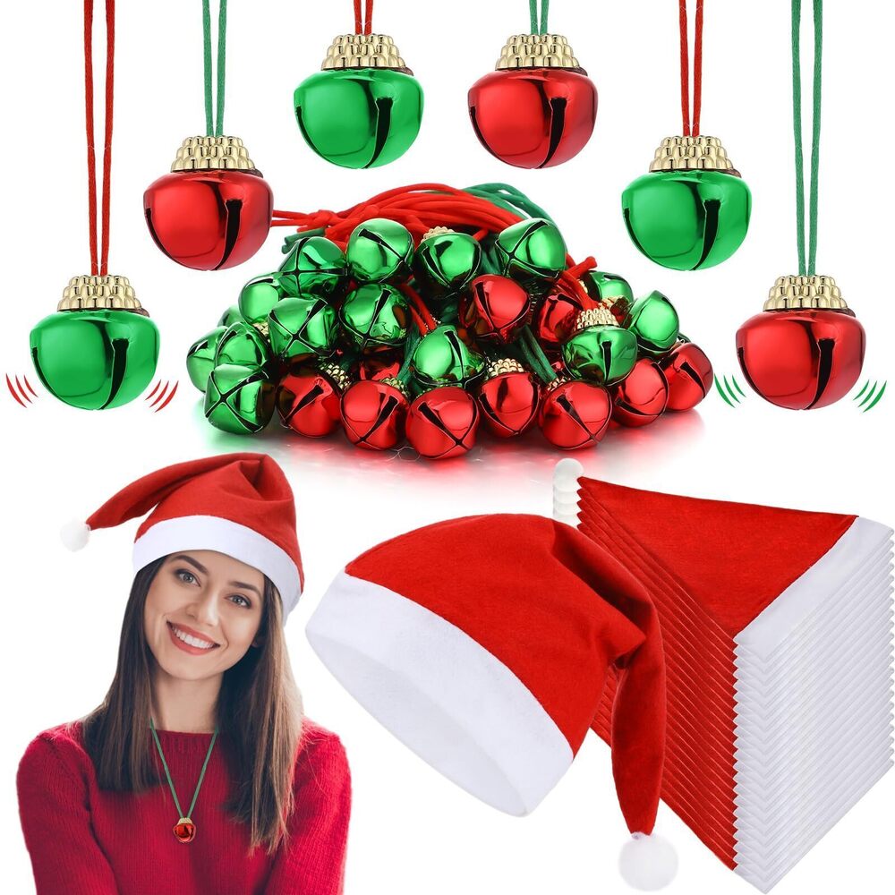 2906 50 Pcs Christmas Hats Bulk with 50 Pcs 1 x 1.2 Inch Jingle Bell
